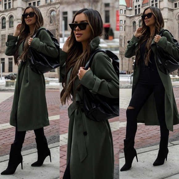 New Express Olive Green Soft Flowy Button Front Trench Jacket Coat - Picture 1 of 13